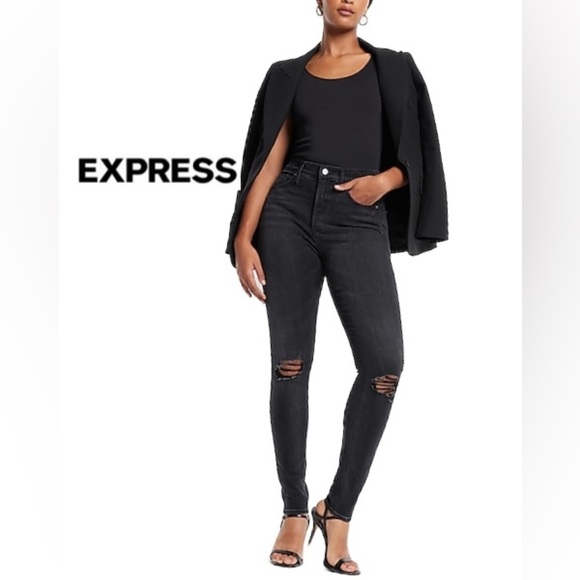 Express Denim - Express distressed high waisted black legging skinny jean size 4